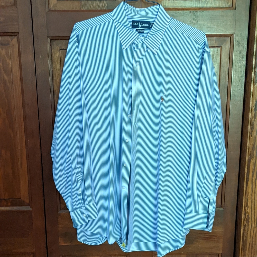Pin Stripe Button Down. Polo by Ralph Lauren. Yarmouth. 17 1/2  35.